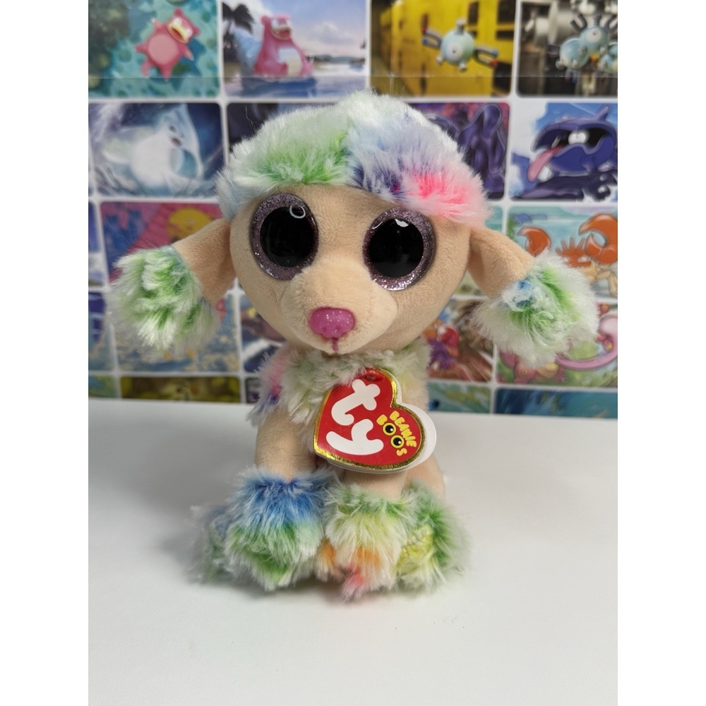 TY Beanie Boo Rainbow‎ Poodle Plush 6" Multicolor Glitter Eyes Stuffed Animal